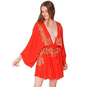 Free People Orange Embroidered V Neck Tassel Tie Tunic Dress